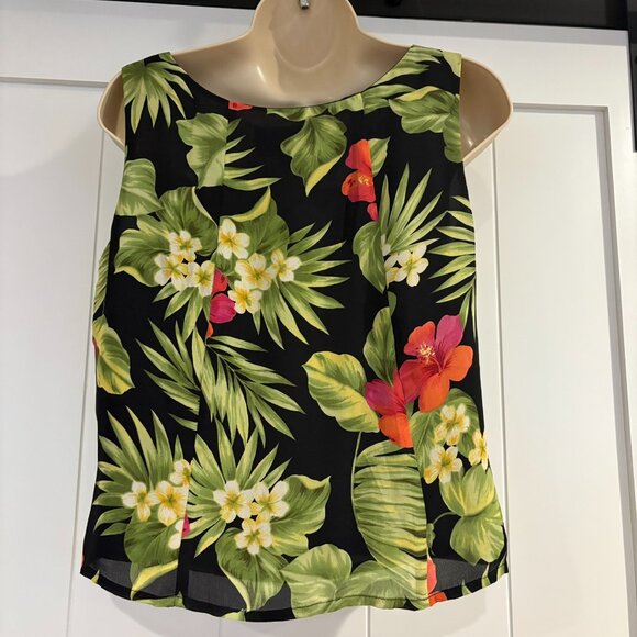 August Silk 100% silk tank top, black tropical print, size M - Picture 2 of 4